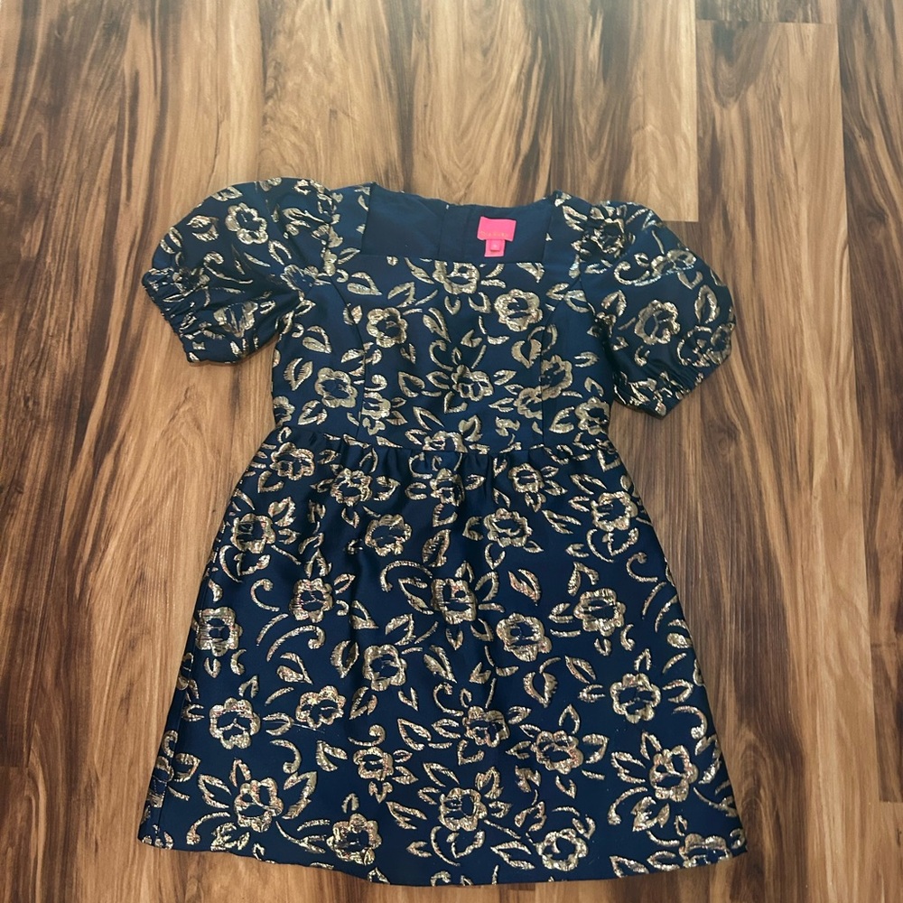 Lilly Pulitzer Blue and Gold A-line Dress with Puff Sleeves and Square Neck